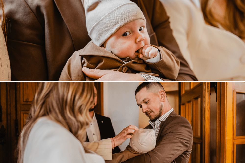 Fotograf na chrzest Radzyń Podlaski – emocjonalne ujęcie sakramentu chrztu i uśmiechnięty maluch